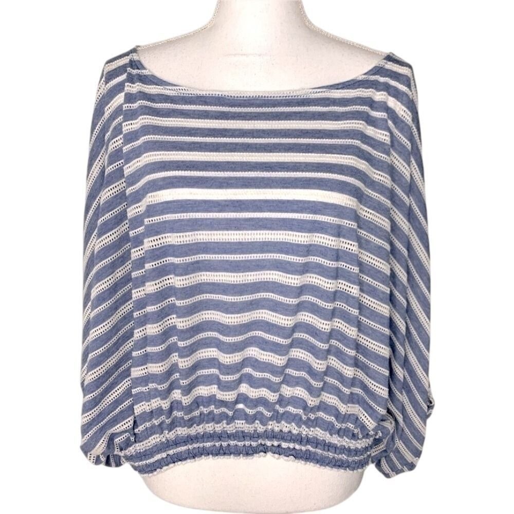 Free People Blue‎ White Boho Top Blouse Shirt Keyhole Back Women Oversized XS